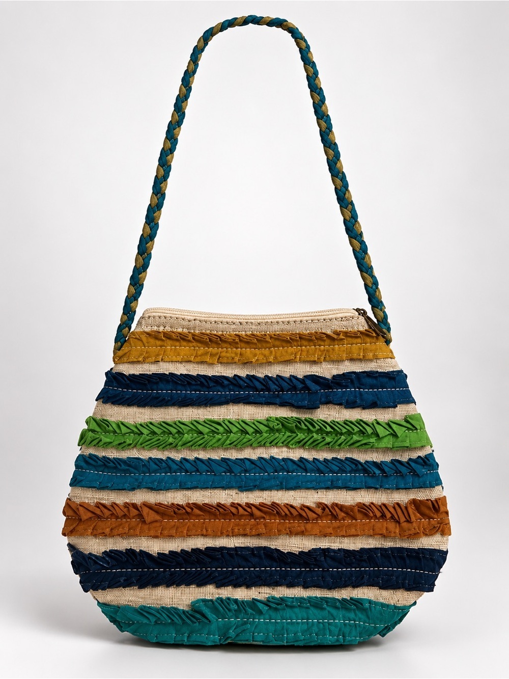 Louise Aarong Bangladesh
Small round patch fabric ethnic bag with braided strap.